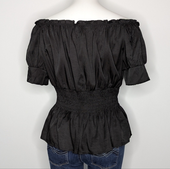 NWT Scarlet Darkness Black Smocked Waist Lace Up Short Sleeve Gothic Top M - Picture 6 of 9